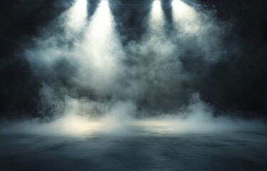 Smoky stage with spotlights, dramatic lighting, empty space, background for product display