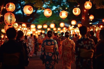 Obraz premium A vibrant evening scene at a traditional festival, featuring people in colorful kimonos under glowing lanterns, celebrating cultural heritage and community.