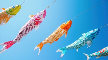 Colorful koi fish decorations are suspended against a bright blue background, symbolizing good luck and prosperity in various cultures.