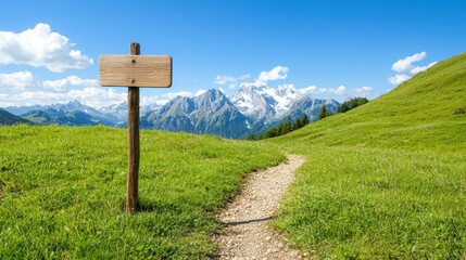 Scenic Mountain Path with Wooden Signboard under Clear Blue Sky and Lush Green Grass