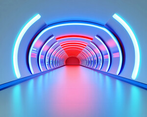 Naklejka premium Futuristic tunnel illuminated with vibrant neon lights.
