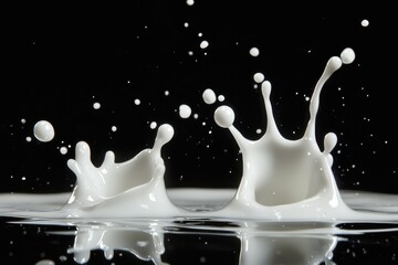 This striking photo captures the moment milk splashes dramatically, showcasing the beauty of fluid motion against a contrasting black background.