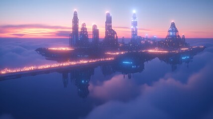 Fototapeta premium Futuristic City on Floating Platform at Dusk with soft glowing lights over clouds
