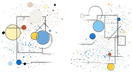 Abstract Geometric Art Blue Yellow and Beige Circles with Lines and Dots on White Background