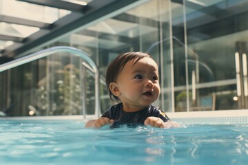 Asian baby boy learning to swim in indoor pool during swimming lesson. Child in swimwear having fun in water with instructor. Aquatic training for toddler development