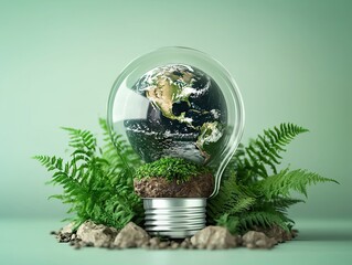 Sustainable innovation showcasing earth inside light bulb eco-friendly design nature indoor conceptual art