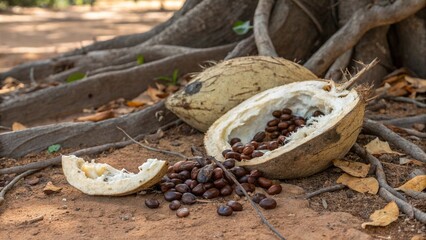 Open Fruit Shell Revealing Seeds on Ground Near Tree Roots