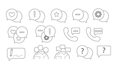 collection of communication icons including chat bubbles, phone symbols, and global connections, each with unique symbols like hearts, stars, and gears, representing various messaging concepts