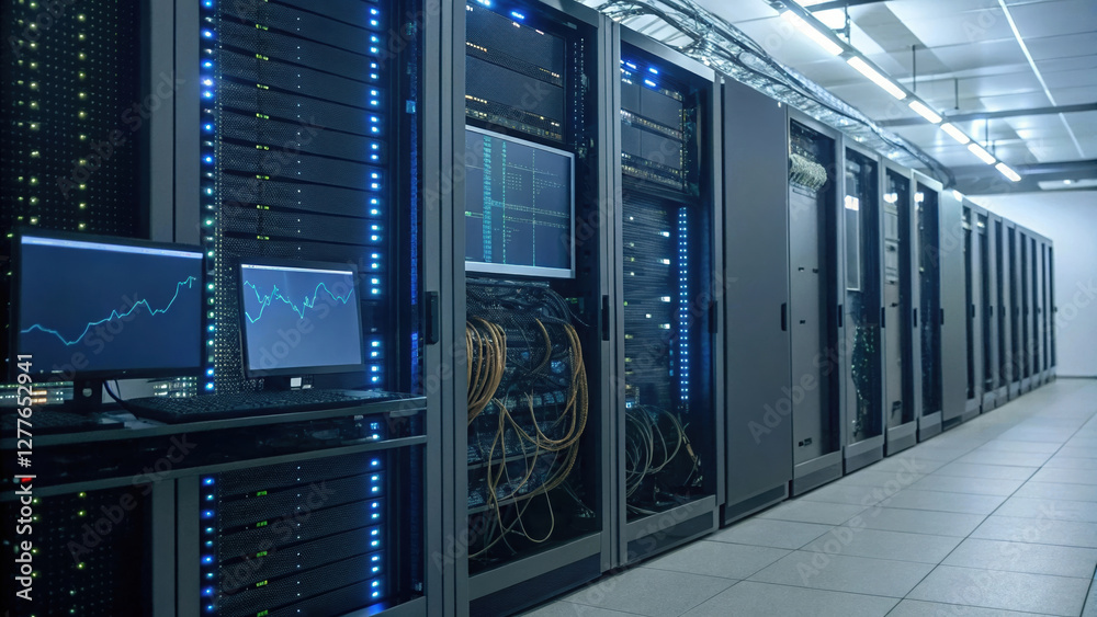 Poster data center with servers and computer monitors displaying analytics