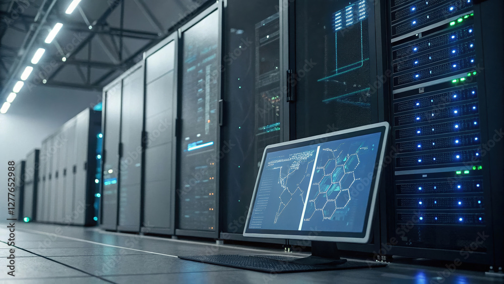 Poster high tech data center with servers and monitoring screen displaying analytics