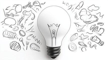 Bright Ideas Lightbulb Concept Food and Drink Sketches Surrounding a Glowing Bulb