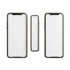 Three Modern Smartphones Isolated on White Background with Blank Screen for Customization and Graphic Design Purposes in PNG Format