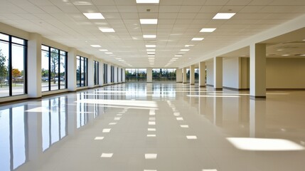 Vast empty hall with polished floor and natural light streaming through windows creating a spacious and inviting atmosphere for future use