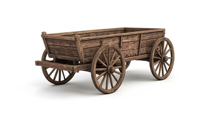 Rustic wooden cart sits stationary against a white background