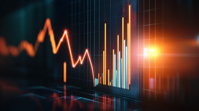 Stylized business chart with glowing upward trend, representing growth and success in finance. vibrant colors highlight data analysis and market trends