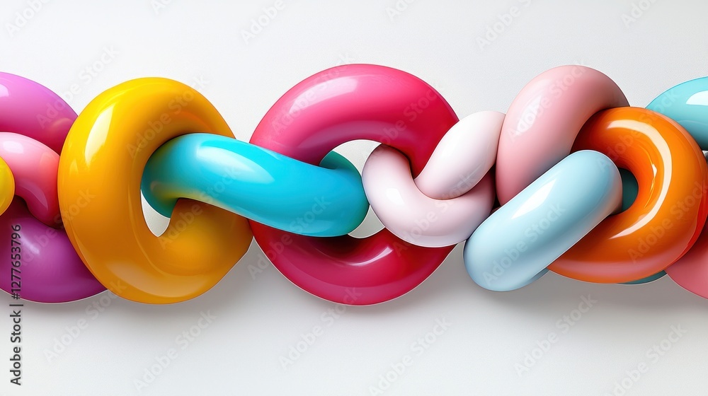 Poster abstract interlocking chain of colorful 3d shapes on white backdrop visual harmony and connection