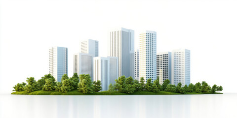 Obraz premium Modern cityscape with white skyscrapers surrounded by green trees, showcasing sustainable architecture and urban design