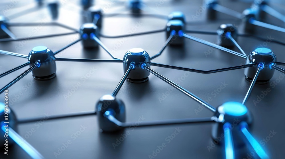 Poster abstract network connection with glowing nodes and metallic lines representing data flow and communi