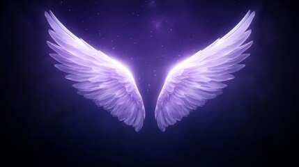 Glowing Purple Angel Wings Against a Night Sky Background Perfect for Spiritual or Fantasy Designs