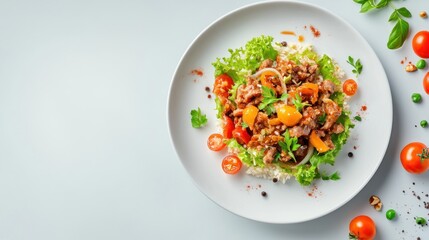 Discover culinary artistry A top-down view of a meticulously plated meal, showcasing vibrant colors and balanced nutrition Explore healthy eating with this stunning overhead shot Perfect for blogs