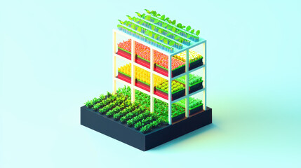 modern vertical farm showcasing layers of vibrant plants and greens, emphasizing sustainable agriculture and innovation