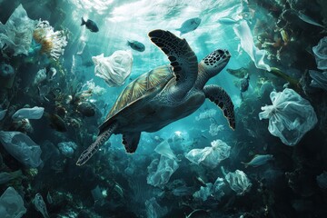Fototapeta premium Turtle Trapped in Ocean Pollution