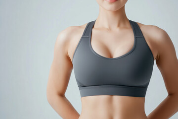 young woman in gray sports bra showcases fit physique, emphasizing strength and health. minimalist background highlights her athleticism and confidence