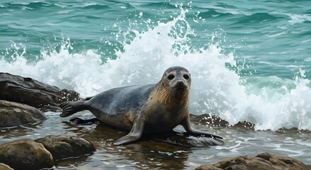 Obraz premium Seal Relaxing on Rocks by Ocean Waves a Coastal Wildlife Scene