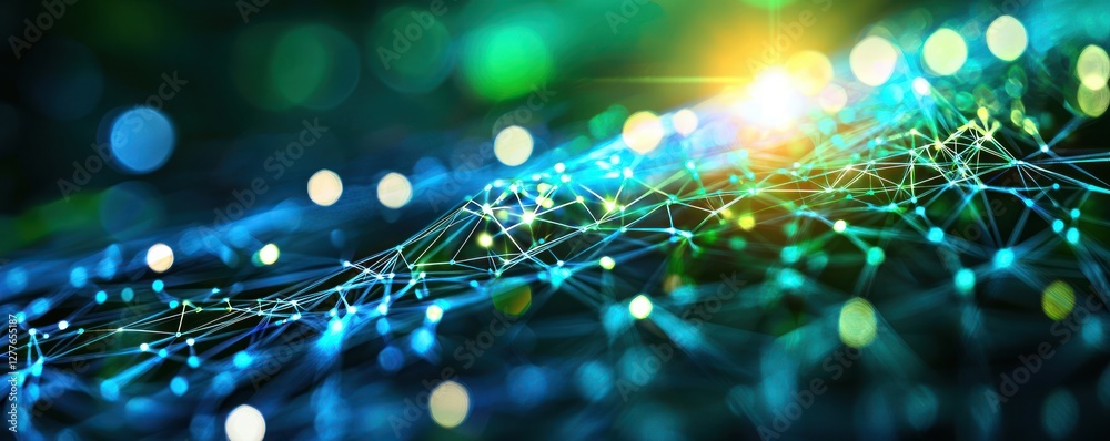 Poster abstract network connection with glowing nodes and lines on a blurred teal and green background crea