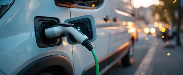 Electric vehicle charging with green cable, showcasing modern technology and sustainability. scene captures essence of eco friendly transportation in urban setting