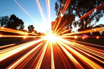 Dynamic Light Trails on Asphalt Road at Twilight Capturing Motion and Energy with a Wide Angle Lens and Long Exposure