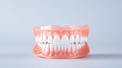 Obraz premium Artificial dentures display realistic set of teeth, showcasing bright white enamel and natural gum color. Ideal for dental education and oral health discussions