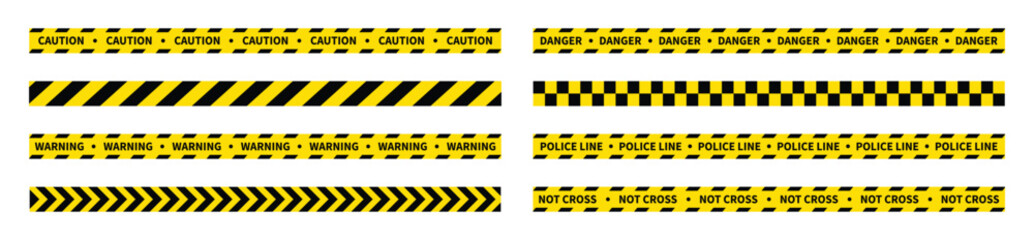 Caution tape set of yellow warning ribbons. Warning zone, danger tapes. Security Caution Tape Set. Yellow Warning Ribbons. Abstract Stripes for Police, Accident, Under Construction. 