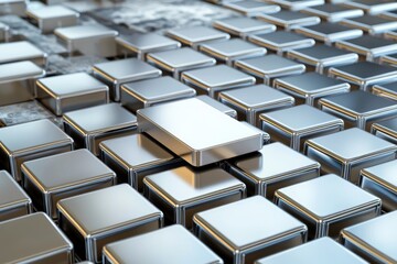 Naklejka premium Metallic Cubes Arranged in Grid Pattern with One Elevated Above Others in a Modern Industrial Style