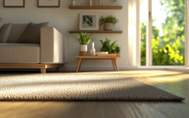 cozy modern living room with soft rug, plants, and natural light. inviting atmosphere is enhanced by warm tones of furniture and decor