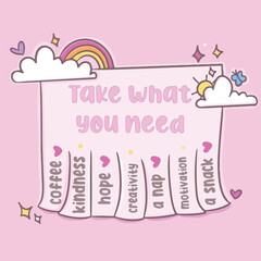 Pastel colored motivational quote illustration designed with cheerful hand-drawn typography, The text is decorated with attractive and cute decorations.