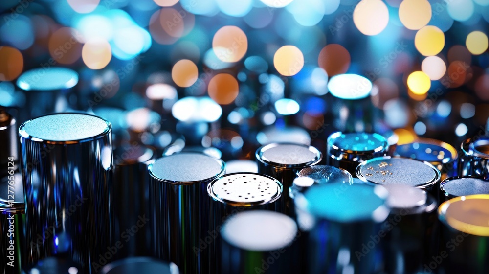 Poster abstract metallic cylinder array with vibrant bokeh background and reflective surfaces creating a fu