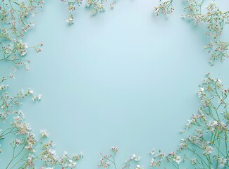 Obraz premium Delicate white gypsophila flowers frame on light blue background with copy space. Fresh floral border design for wedding, baby shower, spring celebration or romantic card