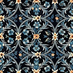 Seamless pattern, mandala with delicate details and flowers on black background, pattern, oriental style