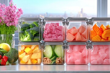Discover the joy of fresh meal prepping with colorful superfoods, vibrant vegetables, and lean proteins presented in eco-friendly containers This curated selection showcases healthy eating habits for