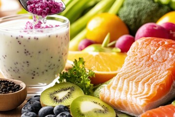 Discover the power of A collection of anti-aging foods, including vegetables, fruits, and salmon, promoting health and wellness Explore vibrant, nutrient-rich options for a youthful glow Learn how to