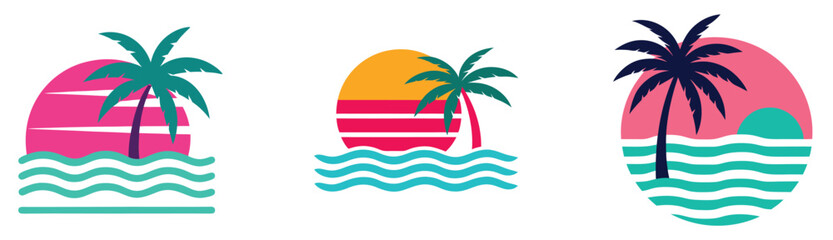 Obraz premium Tropical Sunset Palm Tree Vector | Beach Wave Aesthetic Logo Design