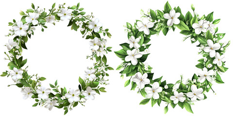 Fototapeta premium Green leaf and white flower wreaths for decorative floral arrangements transparent background
