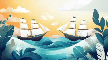 Two sailing ships mirroring each other in an ocean with a tropical style landscape