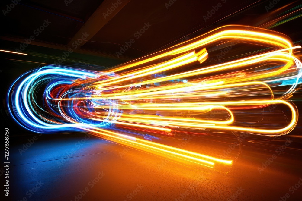Poster dynamic light painting with vibrant colors creating abstract patterns and futuristic motion on dark 