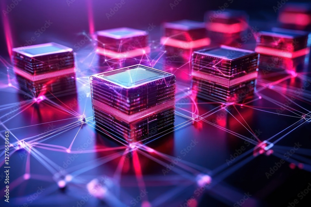Aufkleber futuristic cubes connected by glowing lines on a dark surface creating a network of data and technol