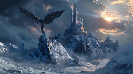 Dragon con castillo nevando