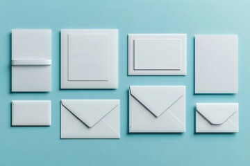White blank envelopes and cards collection on mint blue background with copy space. Stationery mockup for branding identity, wedding invitations, mail design