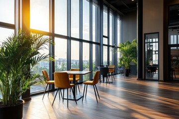 Bright modern office interior with large windows and plants creating a serene and productive workspace environment with sunlight and wooden floor