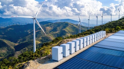 Fototapeta premium Scenic Mountain Landscape Featuring Wind Turbines Solar Panels and Energy Storage for Sustainable Power Generation Under a Cloudy Blue Sky